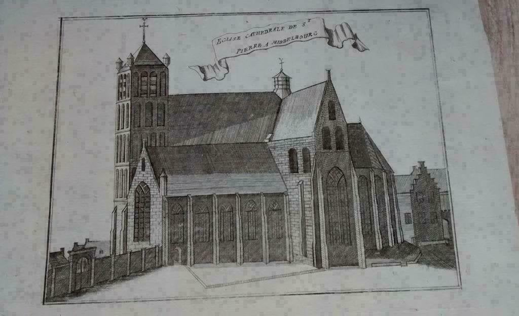 02 / Middelburg de Kathedraal   Ets 18e Eeuw, Antiek en Kunst, Ophalen of Verzenden