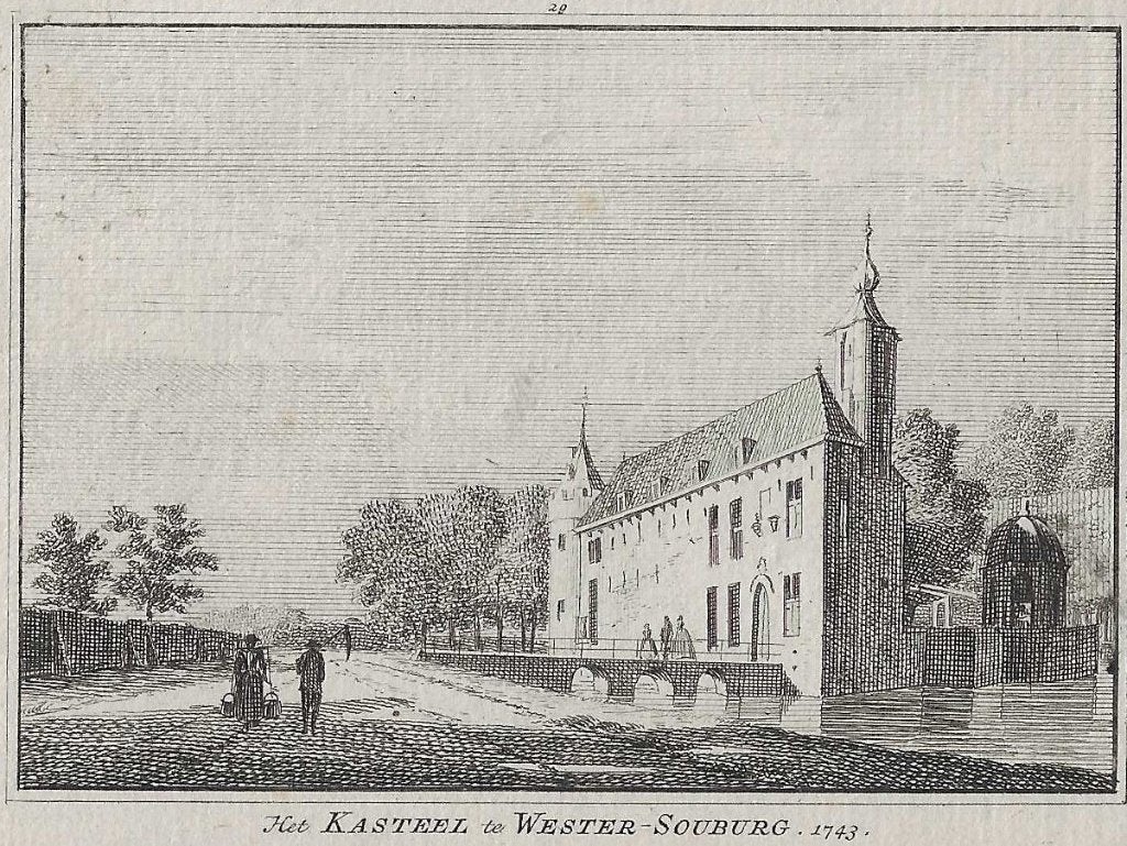 Het Kasteel te Wester-Souburg 1743 Kopergravure St.Aldegonde, Ophalen of Verzenden, Gravure, 7 cm, 10 cm