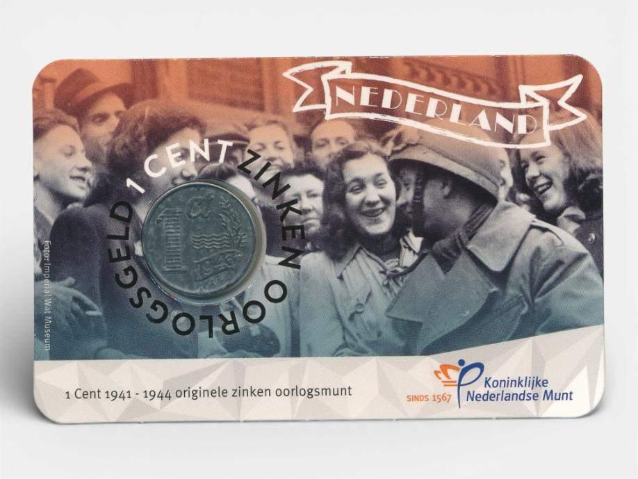 Nederland 1 cent zink (1943) uit oorlogstijd in coincard 202, Ophalen of Verzenden, Koningin Wilhelmina, 1 cent, Losse munt