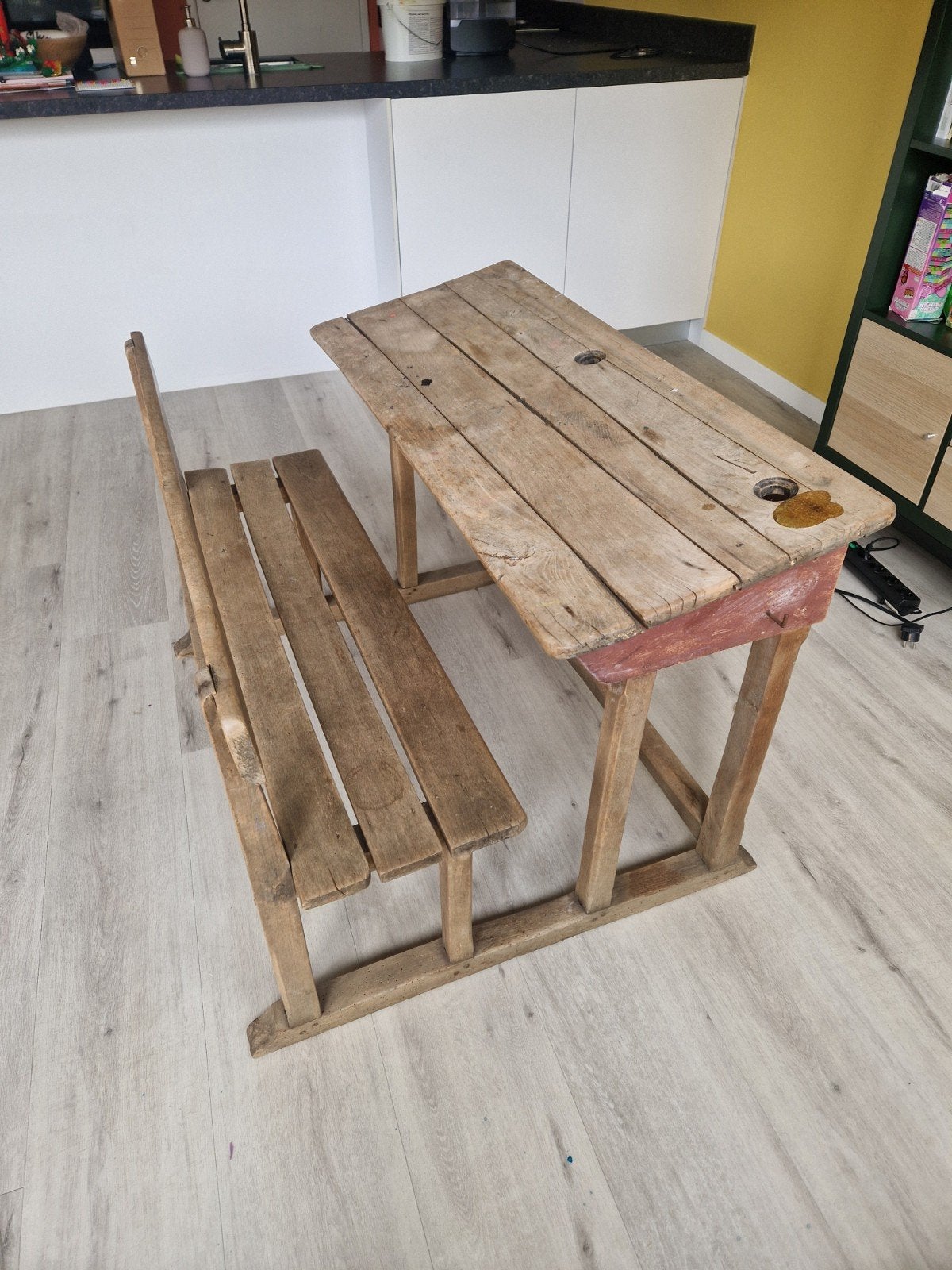 Vintage houten schoolbank met bankje, Ophalen