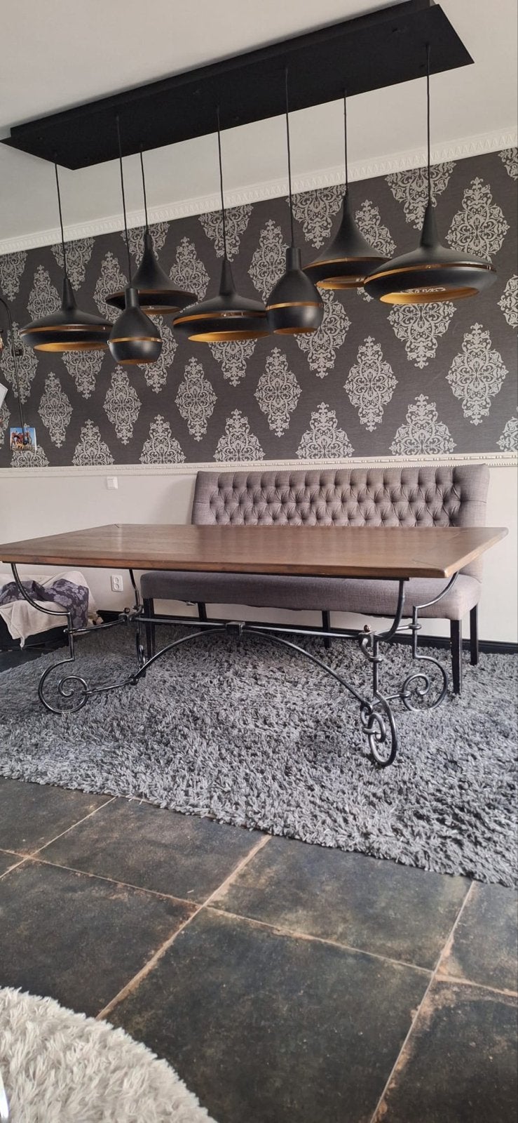 Robuuste hardhouten tafel met smeedijzeren onderstel, Ophalen, Gebruikt, 200 cm of meer, 50 tot 100 cm