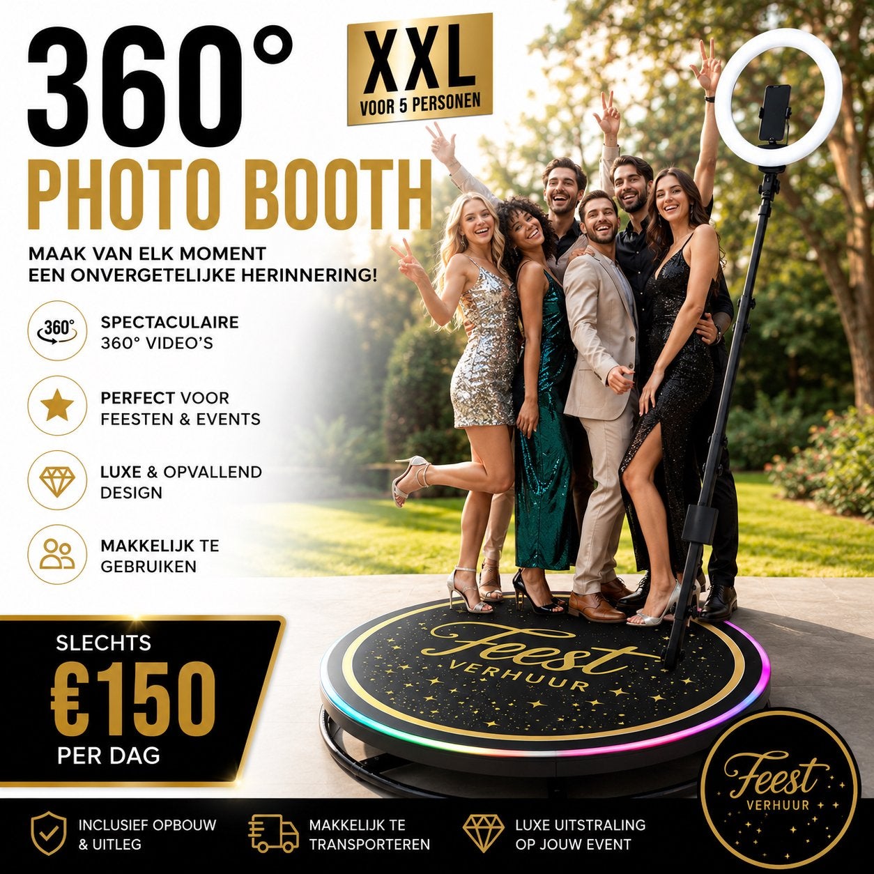 360 Photo Booth XXL (5 pers.) huren | Regio Alkmaar, Hobby en Vrije tijd, Feestartikelen, Ophalen, Zo goed als nieuw, Feestartikel