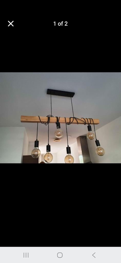 Industriële plafondlamp met houten balk en 6 Edison lampen., Ophalen of Verzenden, Zo goed als nieuw, Glas, Industrieel, Vintage, Rustiek
