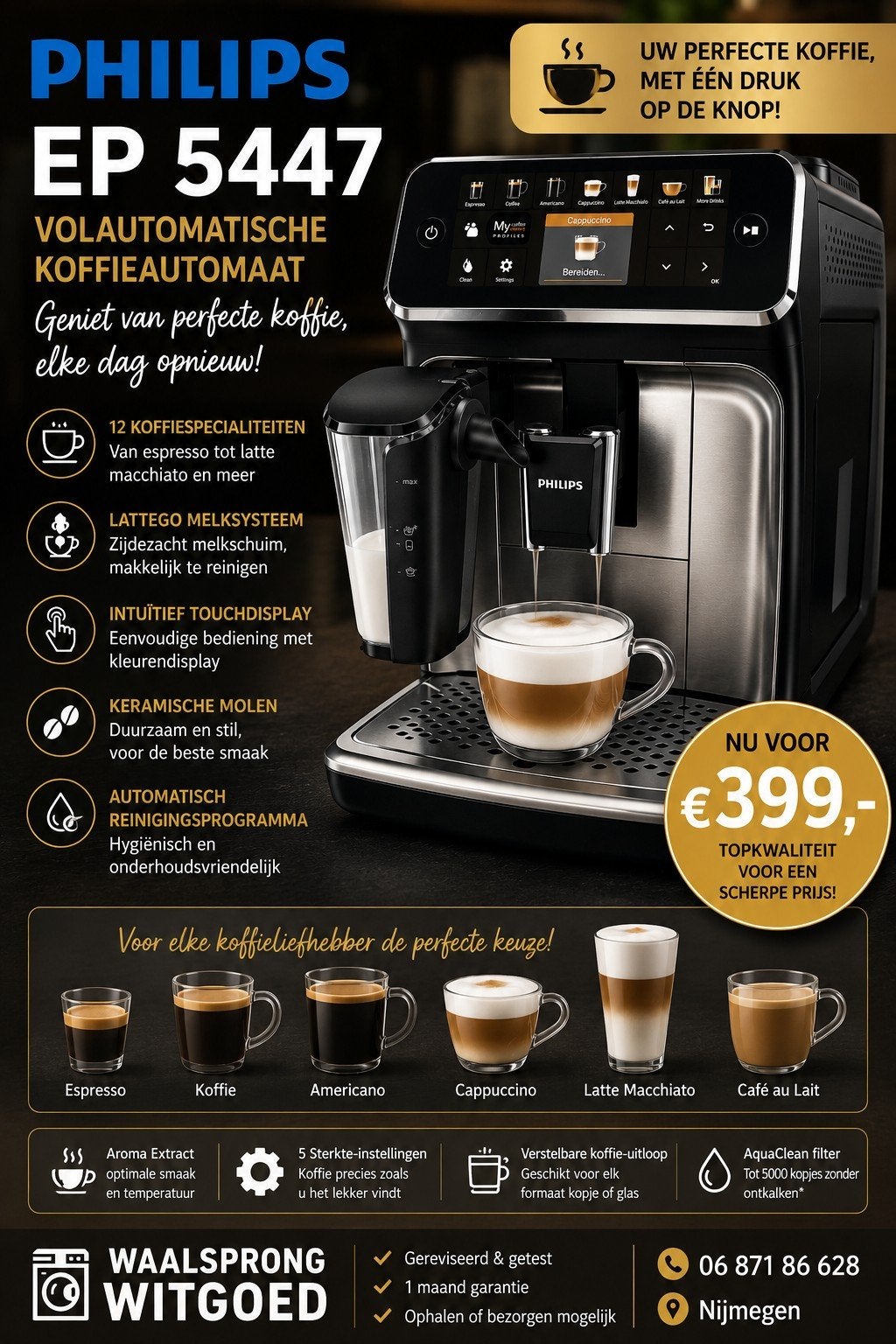 PHILIPS EP5447 Volautomatische Koffiemachine, Ophalen, Koffiemachine, Gemalen koffie, Afneembaar waterreservoir