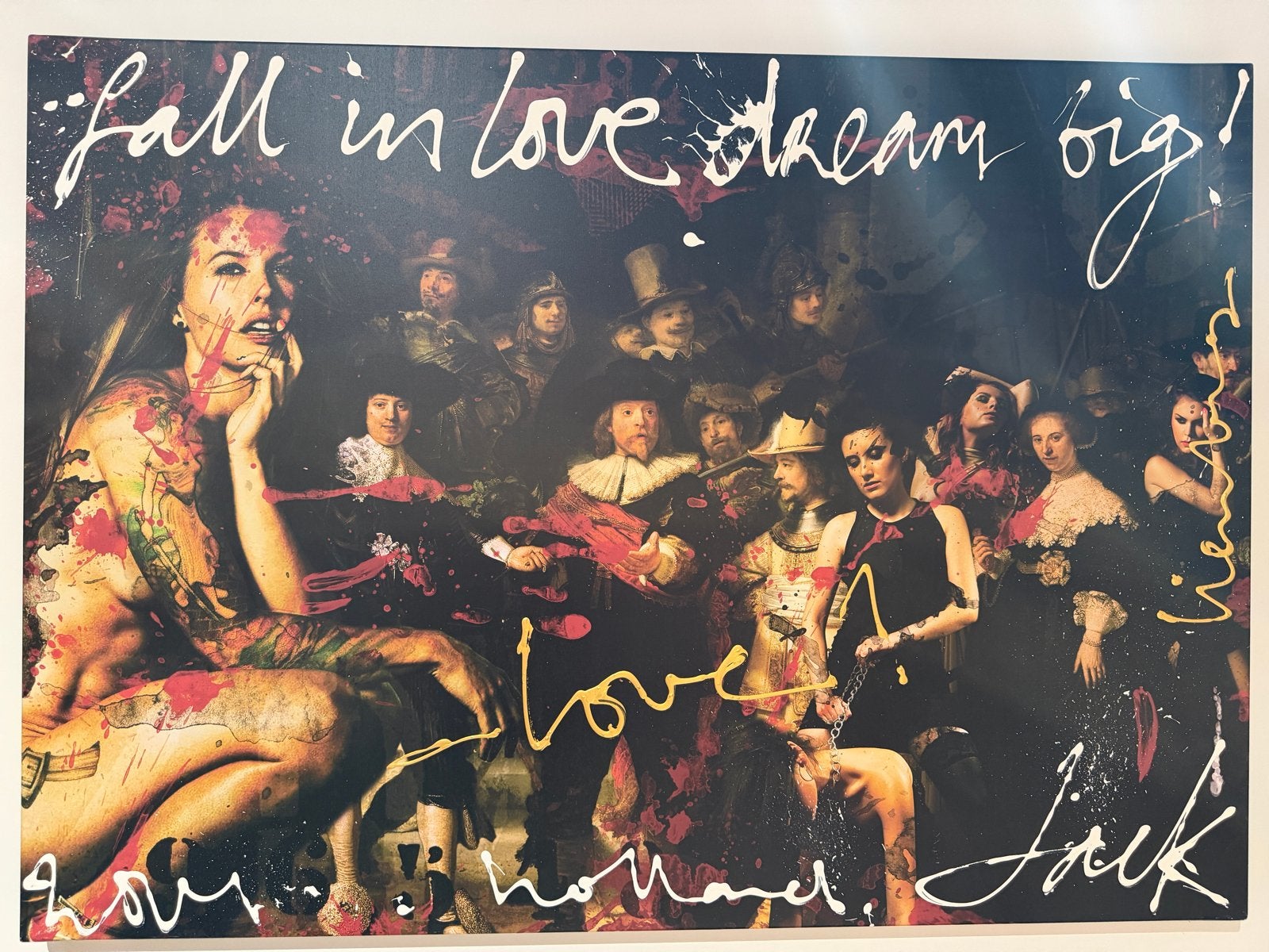 Modern Schilderij: 'Fall in Love Dream Big' met figuren, Antiek en Kunst, Ophalen, Figuren, Handgeschilderd, Gemengde techniek