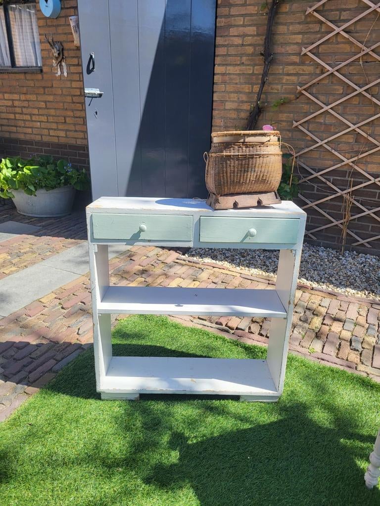 Vintage houten kastje met lades en planken, Antiek en Kunst, Antiek | Meubels | Kasten, Ophalen of Verzenden