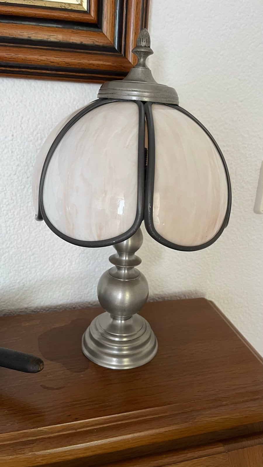Tinnen Tafellamp - Tin en Glas, Ophalen, Overige materialen, Zo goed als nieuw, Met stekker