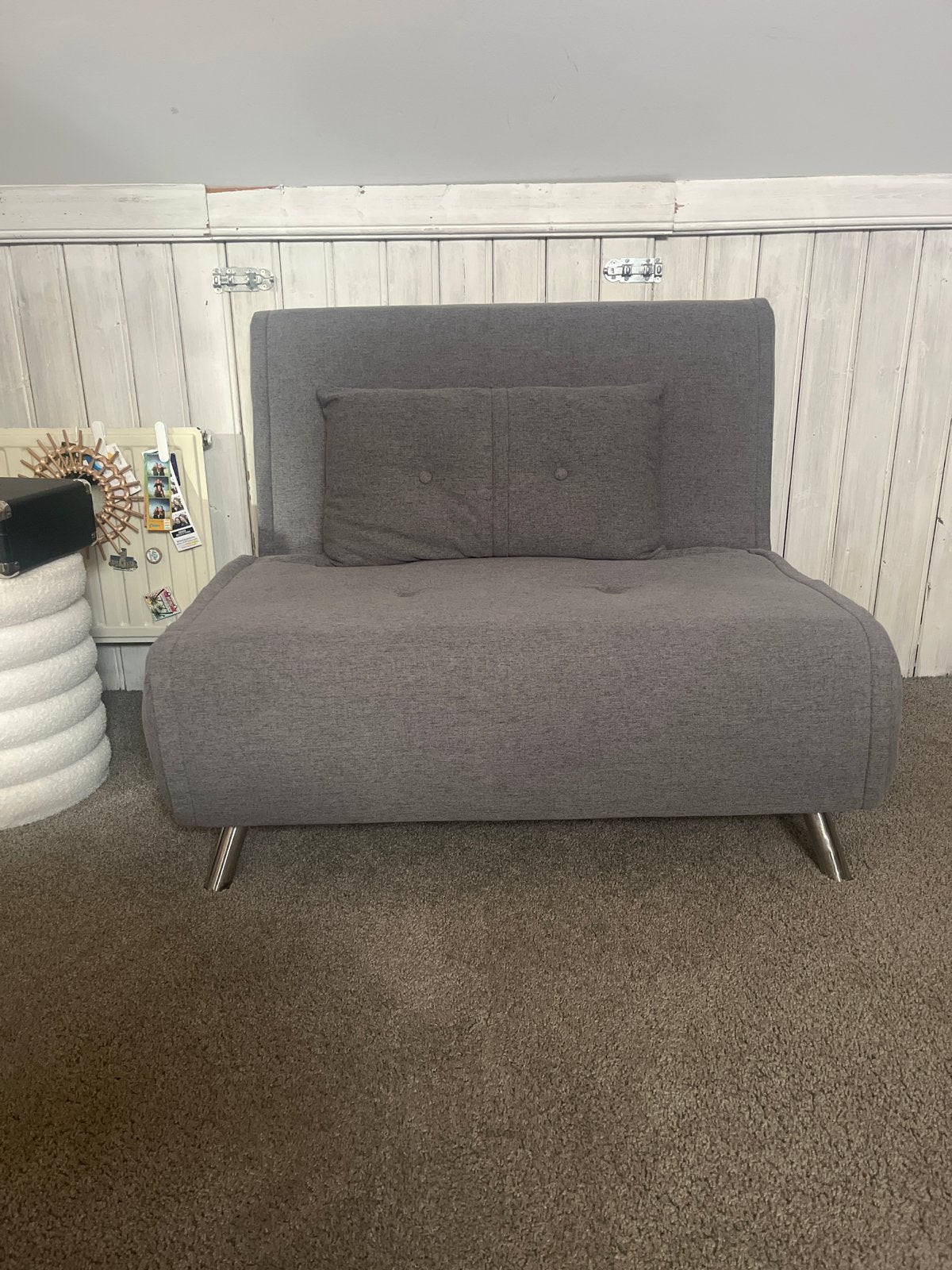 Grijze slaapbank/fauteuil, compact en comfortabel, Gebruikt, Grijs, Eenpersoons, 70 cm of minder
