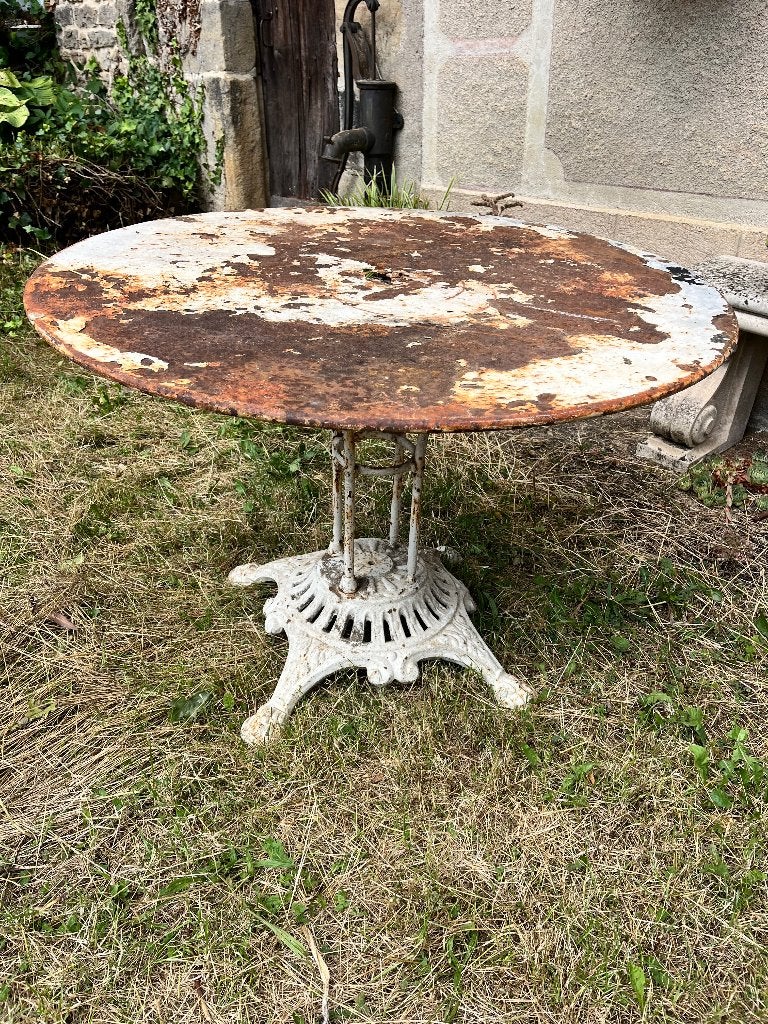 charmante antieke franse  ijzeren tuintafel, Ophalen, Gebruikt, Rond, Metaal