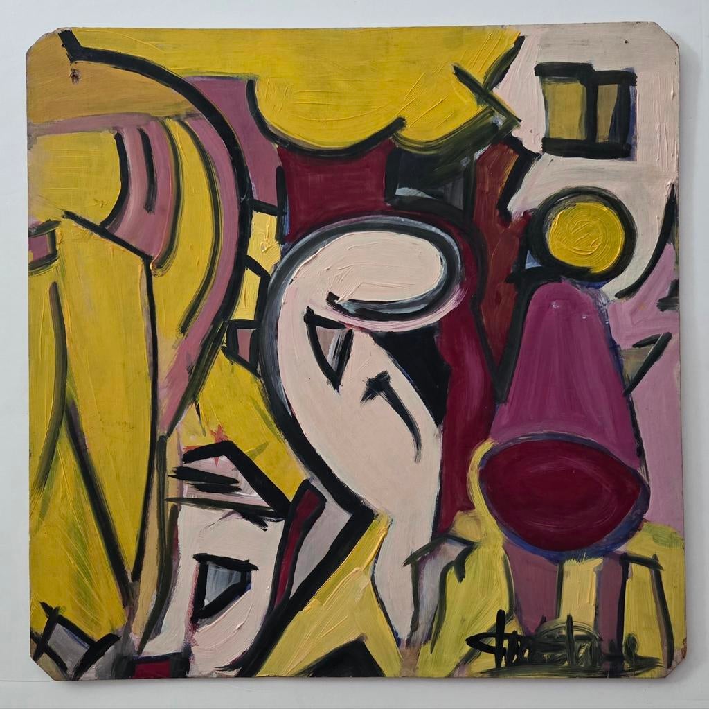 Abstract. Figuren. Gesigneerd. Olieverf op board., Ophalen of Verzenden