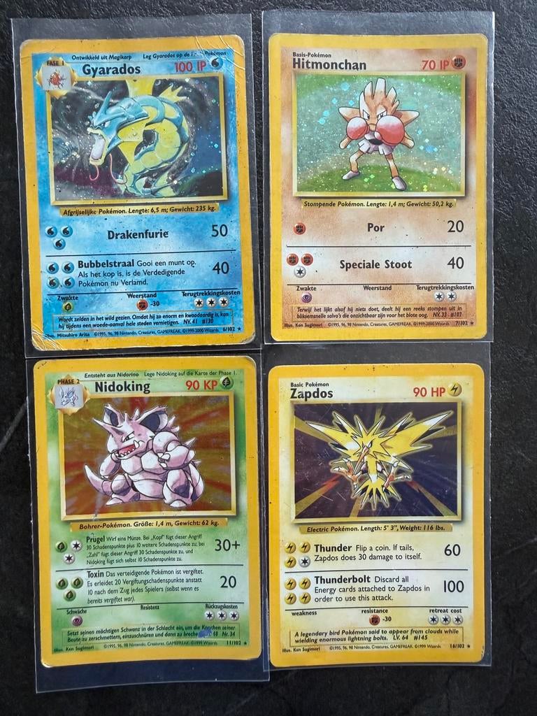 Pokémon base set – Gyarados, Zapdos, Hitmonchan, Nidoking, Ophalen of Verzenden, Gebruikt, Meerdere kaarten