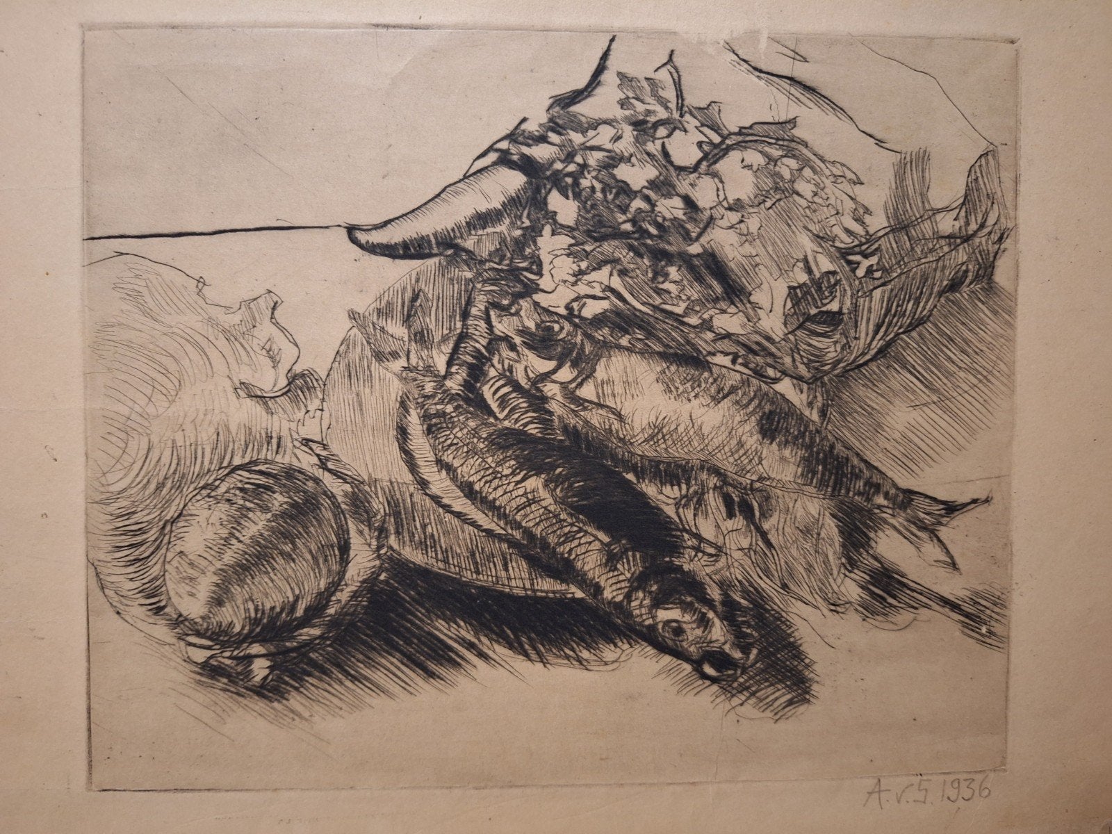 Ets van vissen - agnes v Stolk, Ets, Ophalen of Verzenden, Origineel, Flora en Fauna