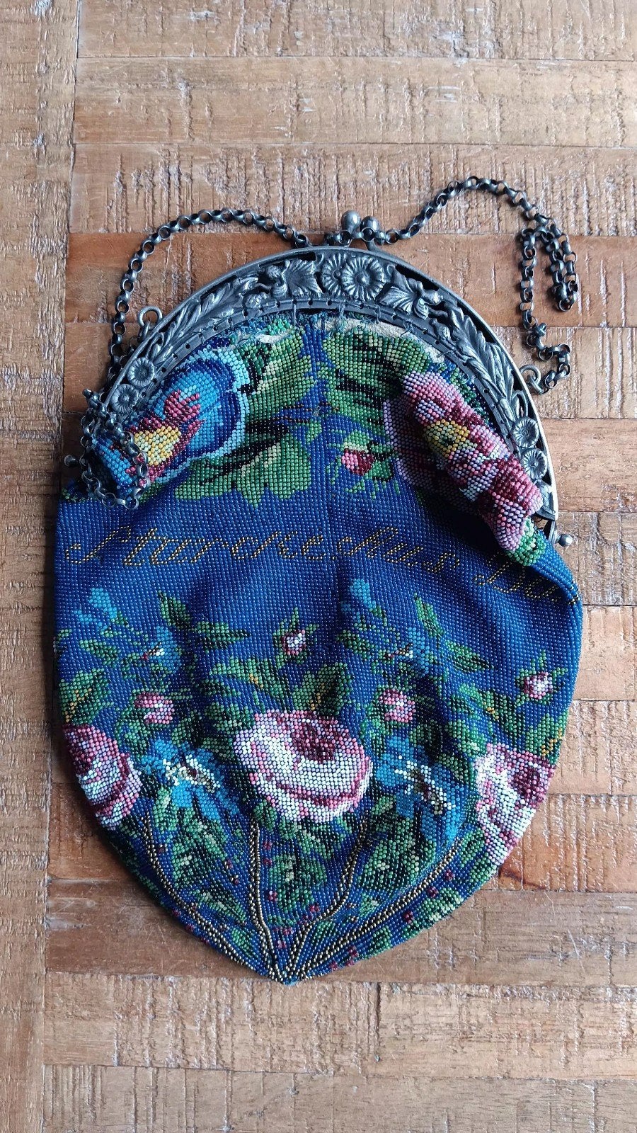 Vintage kralen beugeltas met bloemenpatroon, Antiek en Kunst, Ophalen of Verzenden, Dames, Onbekend