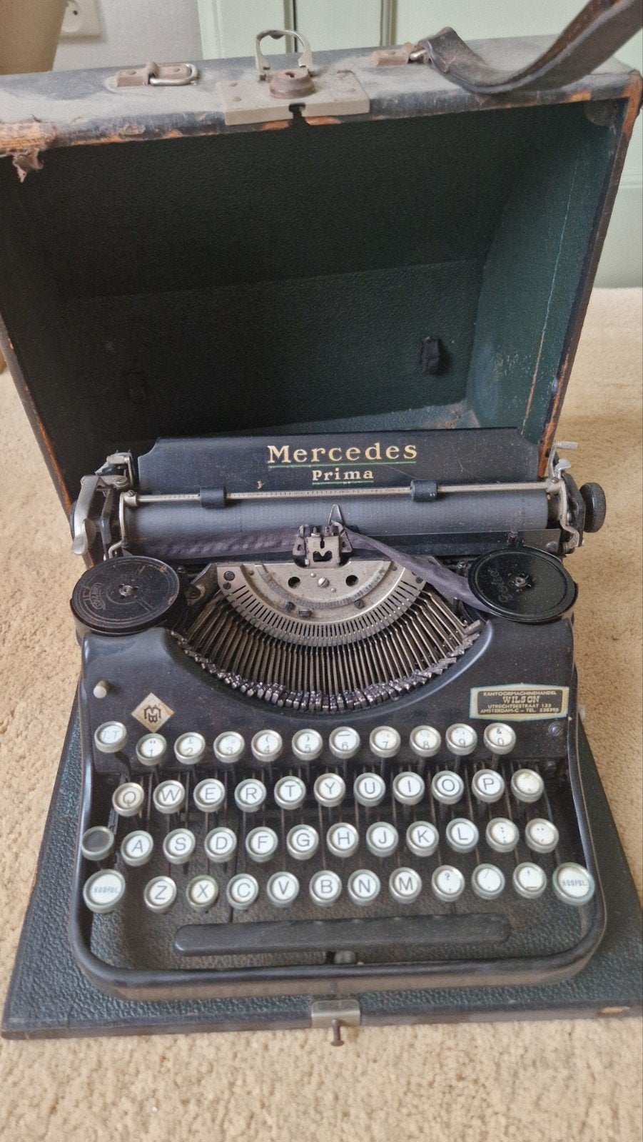 Vintage typemachine Mercedes Prima met orginele transport ko, Diversen, Typemachines, Ophalen, Gebruikt