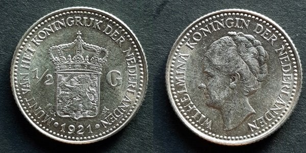 Halve gulden 1921 Pr, Verzenden, Koningin Wilhelmina, ½ gulden, Zilver