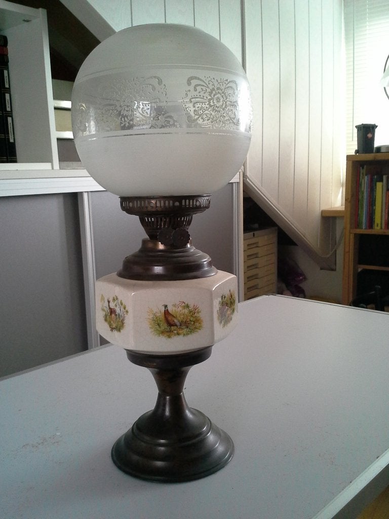 Antieke olielamp met fazantenmotief, Ophalen