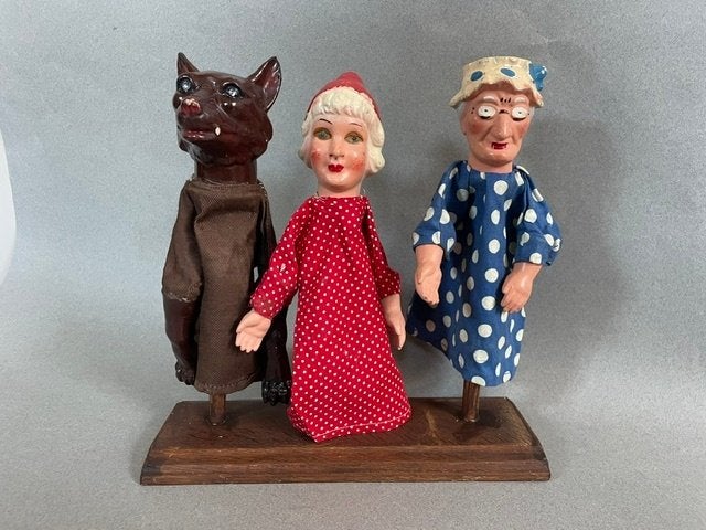 Drie antieke poppenkastpoppen sprookje Roodkapje vooroorlogs, Ophalen of Verzenden