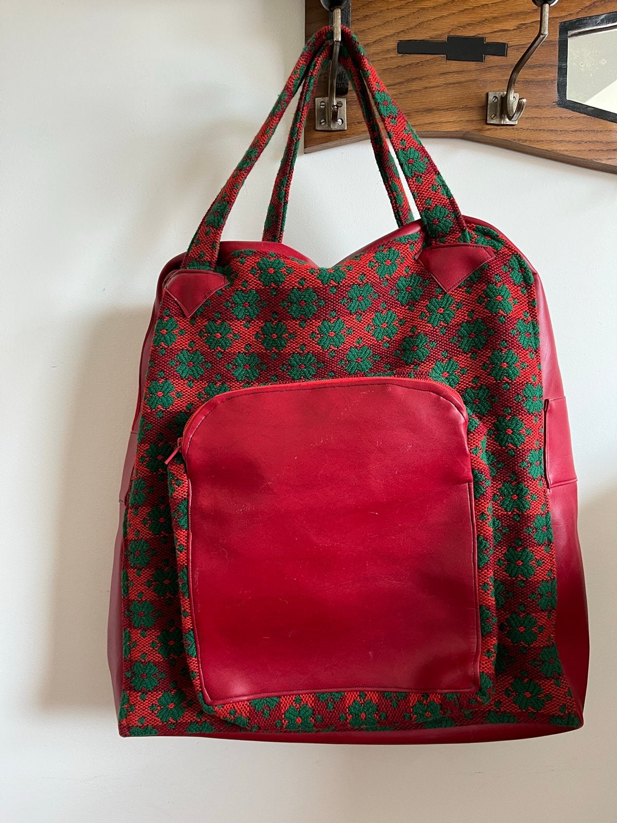 Vintage Retro Shopper Tas Rood Groen Geborduurd Patroon, Ophalen of Verzenden, Gebruikt, Rood, Shopper