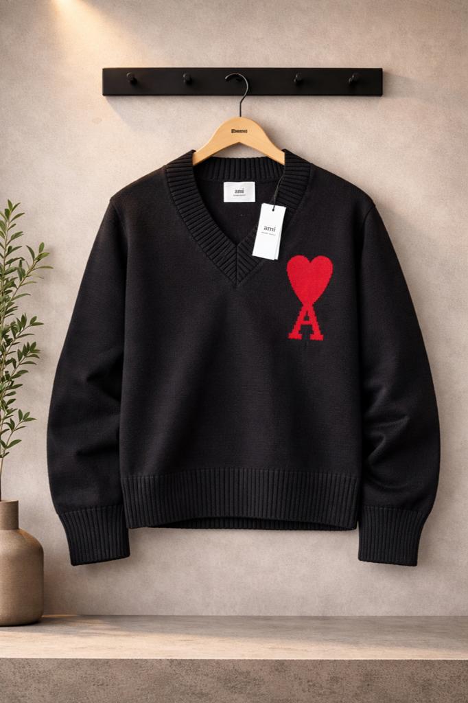 AMI Paris Sweater Black Red Heart - Maat M - Oversize, Ophalen of Verzenden, Zo goed als nieuw, Zwart