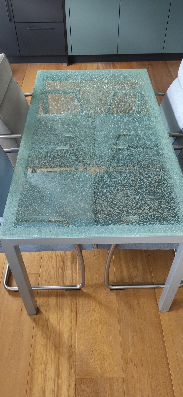 Eettafel met craquelé glasplaat (150x80x75 cm), Ophalen, Gebruikt, 50 tot 100 cm, Glas