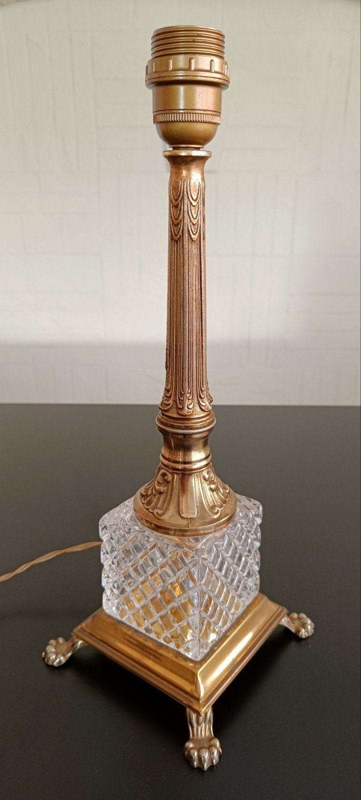 Antieke lampenvoet messing/glas,kristal., Ophalen of Verzenden
