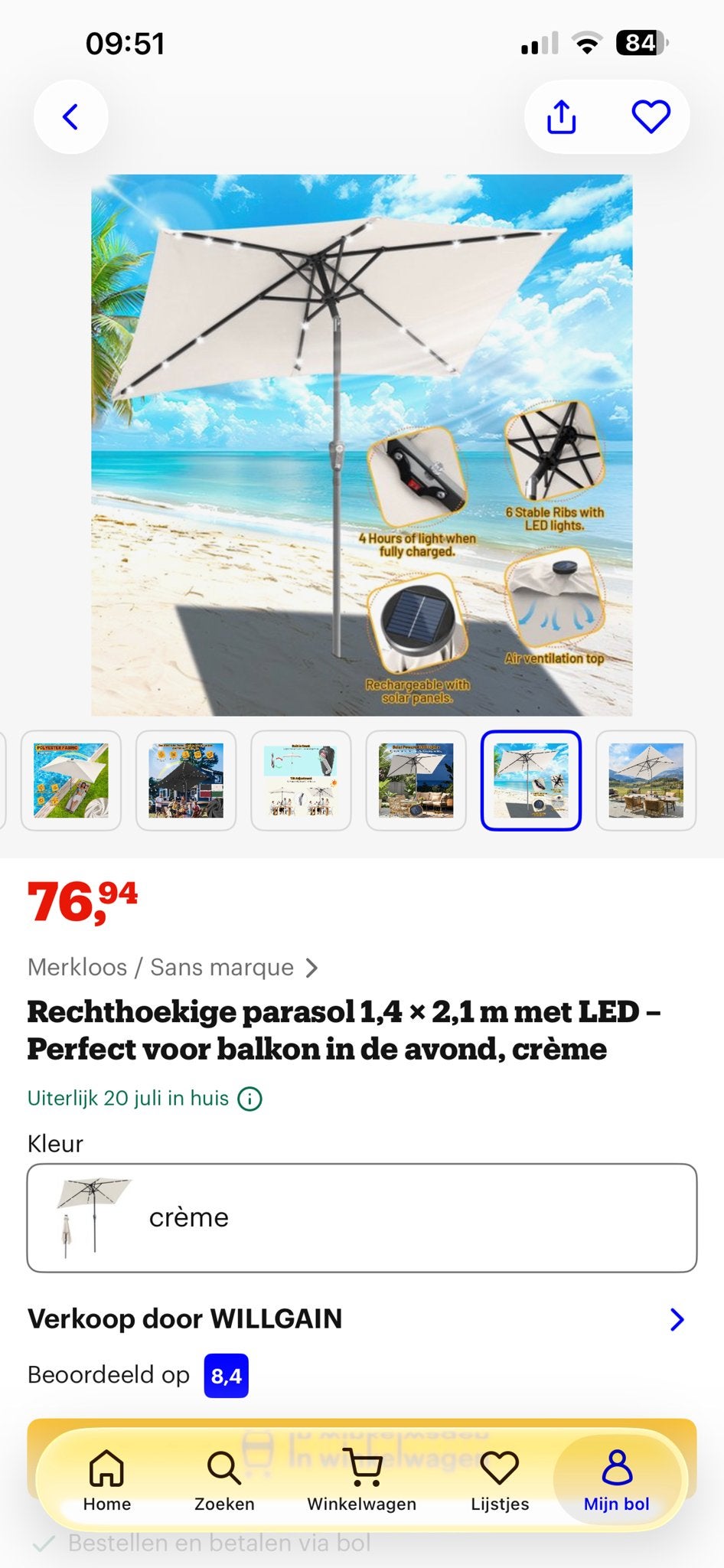 Rechthoekige parasol 1,4 x 2,1 m met LED - Crème, Ophalen, Kantelbaar, Nieuw, 1 tot 2 meter