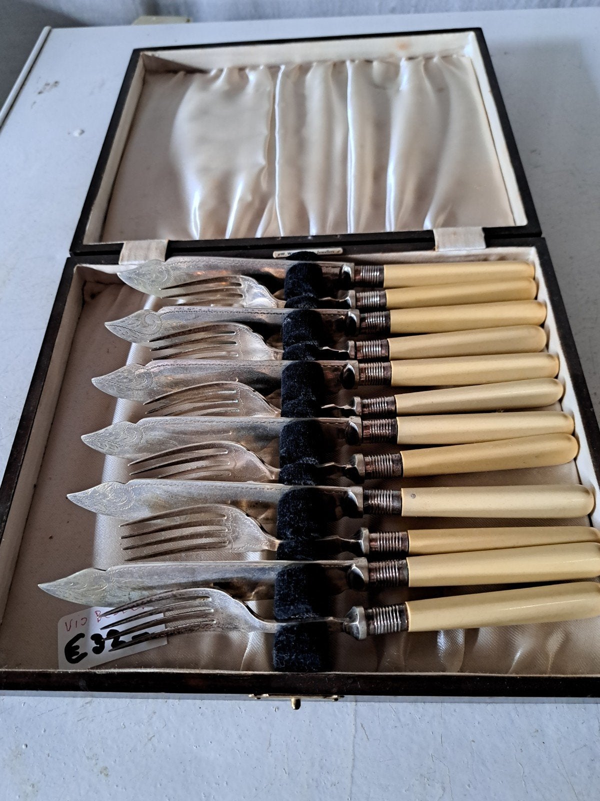 6 delig verzilverd vis bestekin houten box, Ophalen of Verzenden