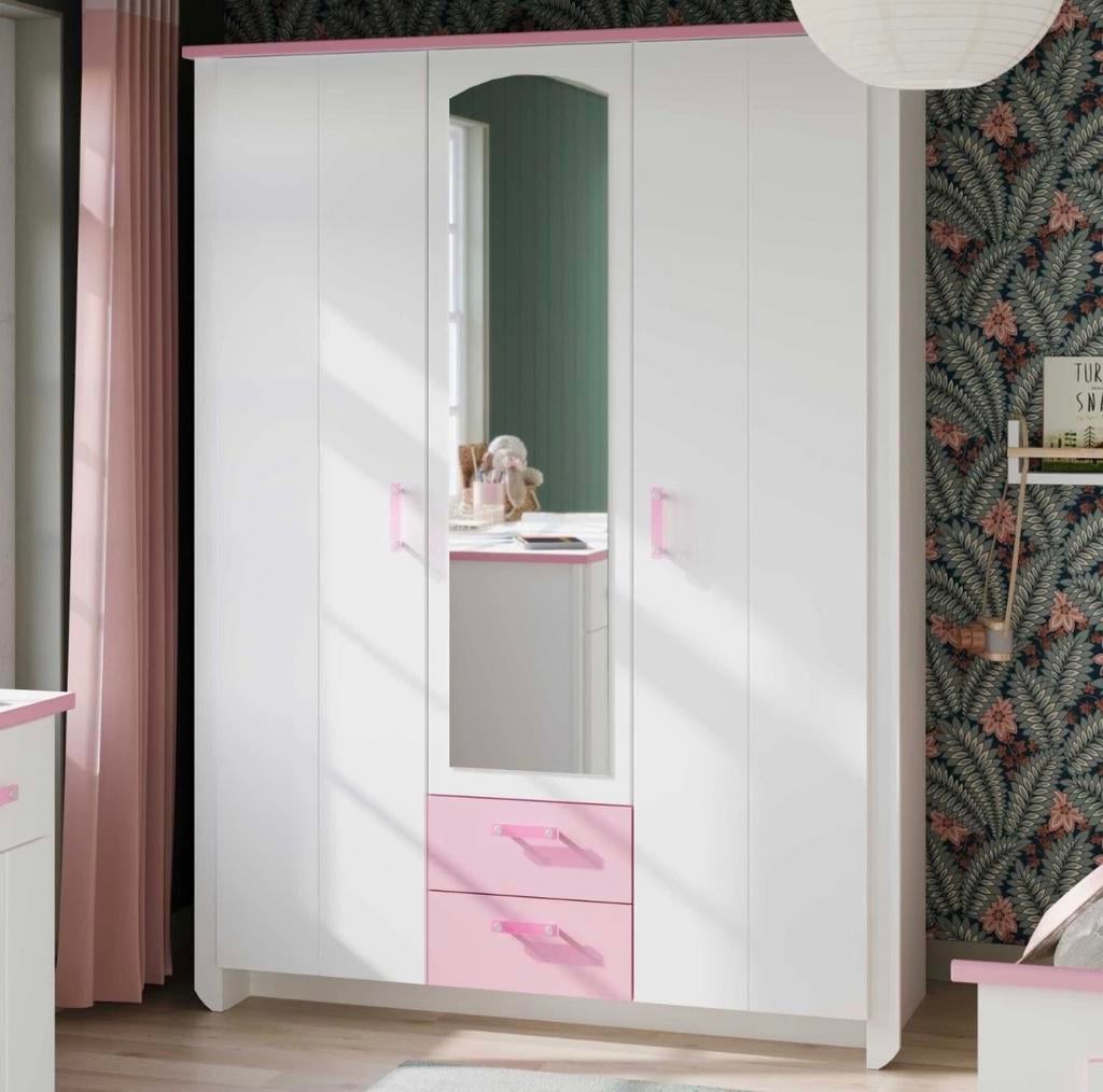 Witte kledingkast met roze accenten en spiegel, Huis en Inrichting, Kasten | Kledingkasten, Ophalen, 100 tot 150 cm, Zo goed als nieuw