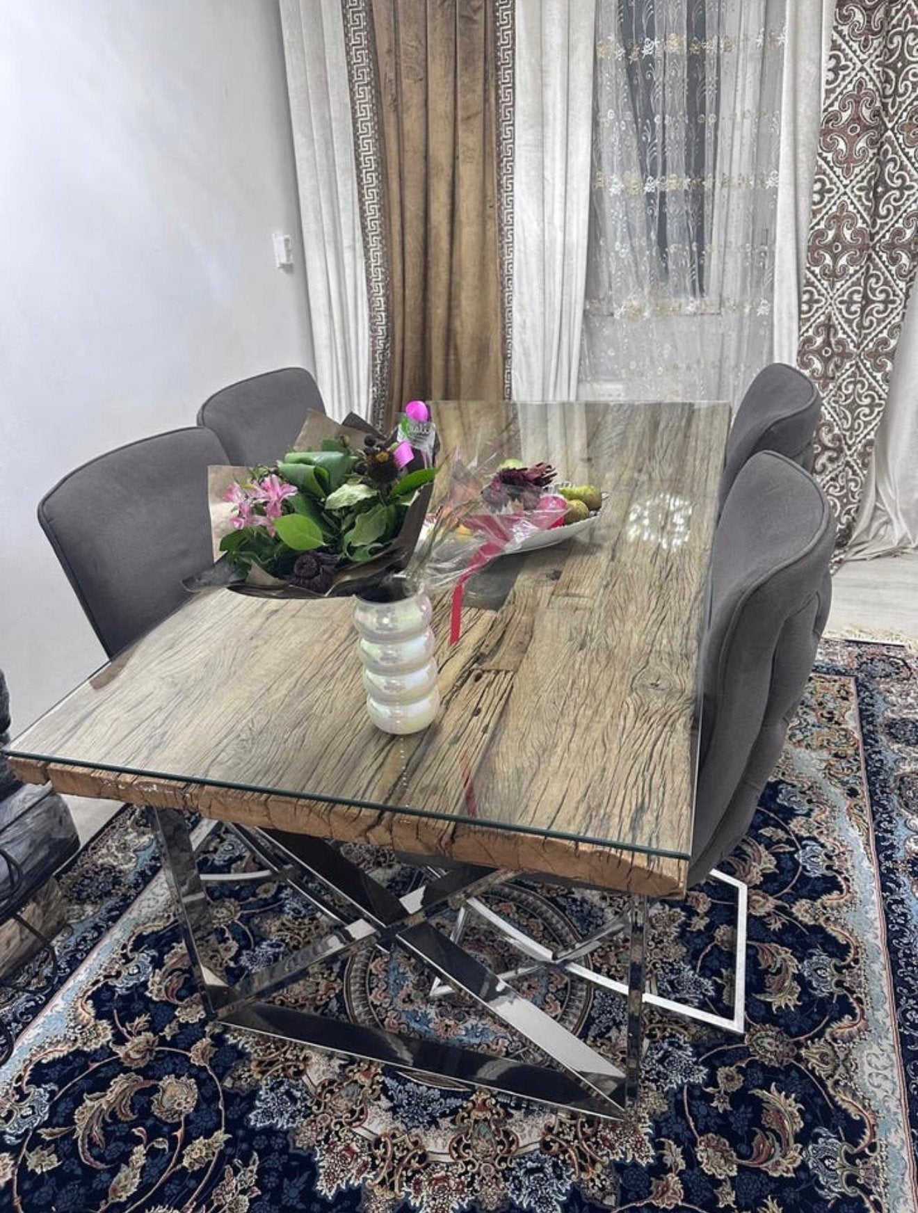 Eettafel met glazen plaat, Huis en Inrichting, Ophalen, Zo goed als nieuw, Rechthoekig, 50 tot 100 cm