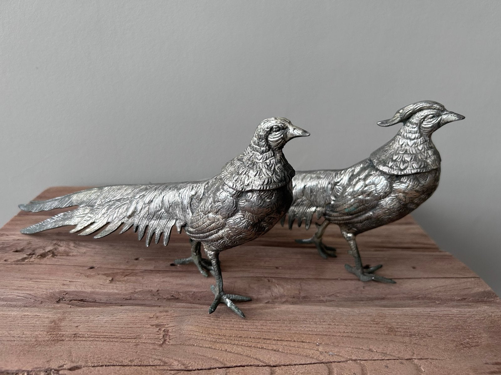 Set van 2 zilverkleurige metalen fazanten, jaren '60/'70, Ophalen of Verzenden