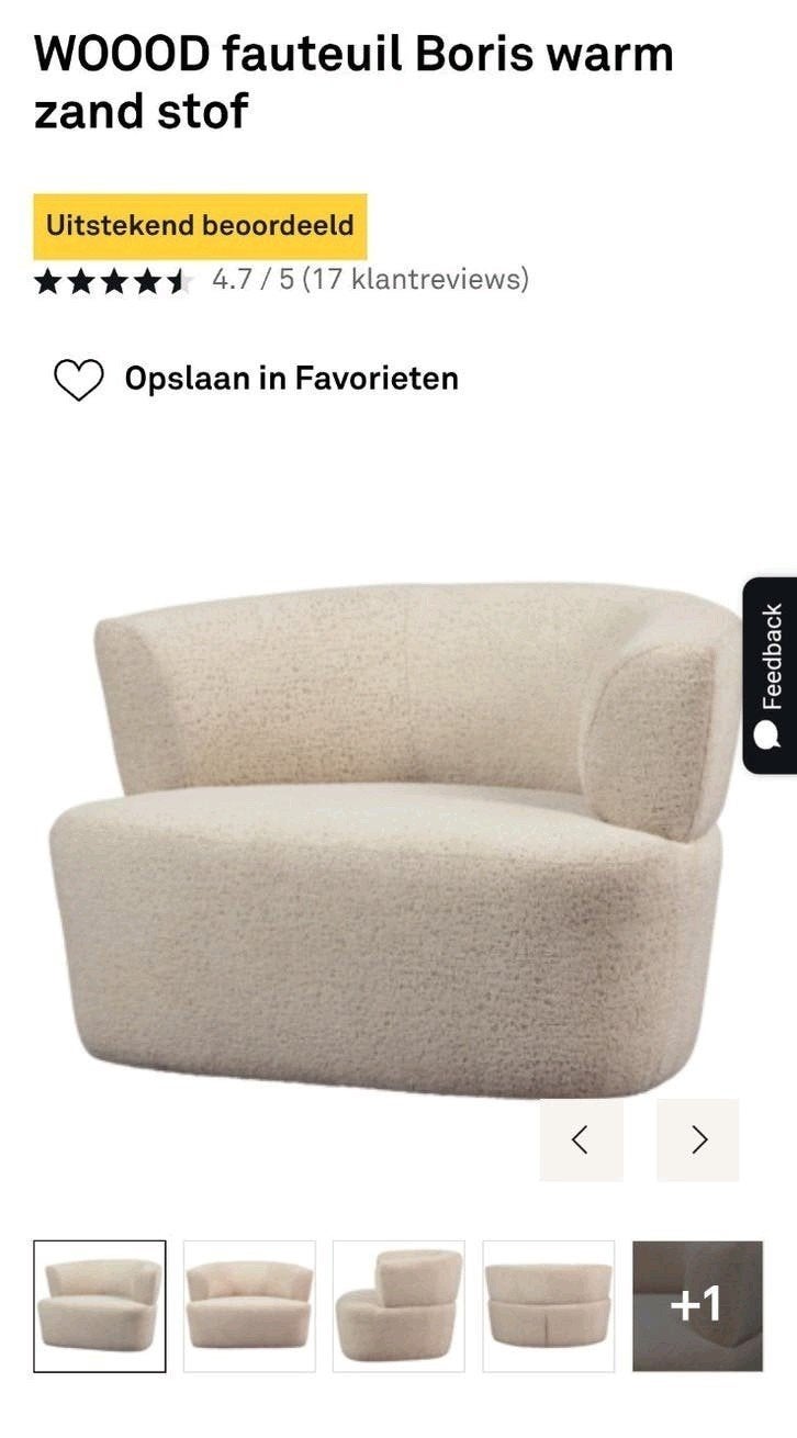 WOOOD Fauteuil Boris - Zandkleurig/Beige, Huis en Inrichting, Ophalen, Gebruikt, 75 tot 100 cm, Stof