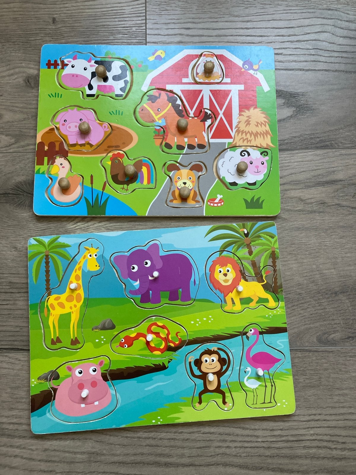 Houten Dieren Puzzels: Boerderij & Jungle (2 stuks), Ophalen, Gebruikt, 10 tot 50 stukjes, Van hout