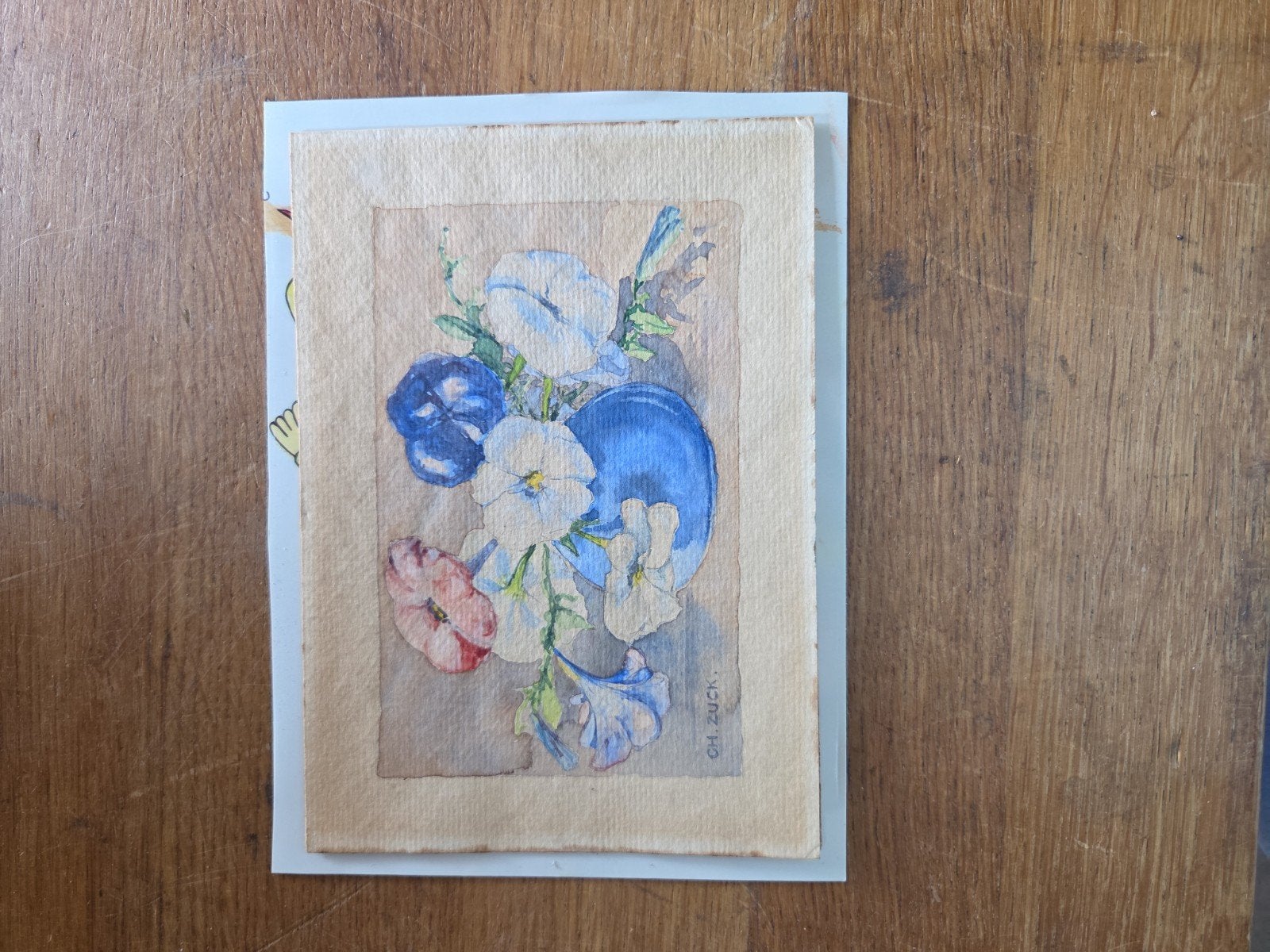 Charles Zuck kleine aquarel boeket bloemen met tekst