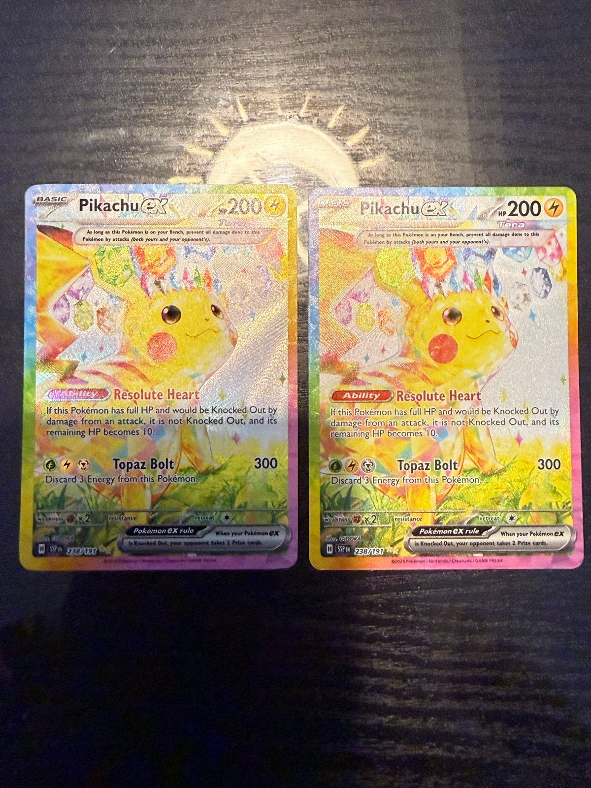 Pikachu ex 238/191 Tera Full Art Pokémon kaart (2 stuks), Ophalen, Zo goed als nieuw, Meerdere kaarten, Foil