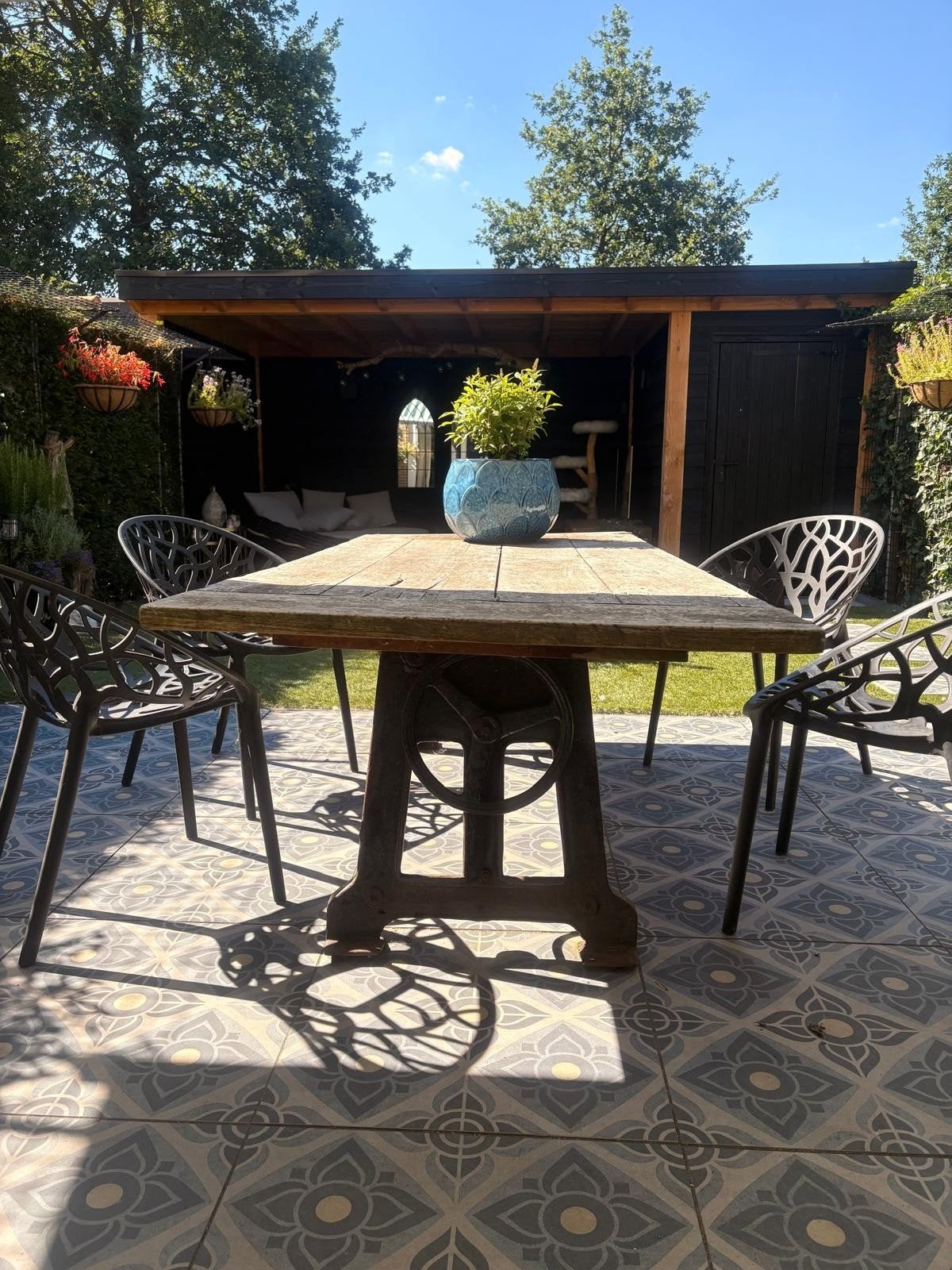 Industriële eet-/tuintafel met verstelbaar teakhouten blad, Ophalen, Rechthoekig, 200 cm of meer, 50 tot 100 cm