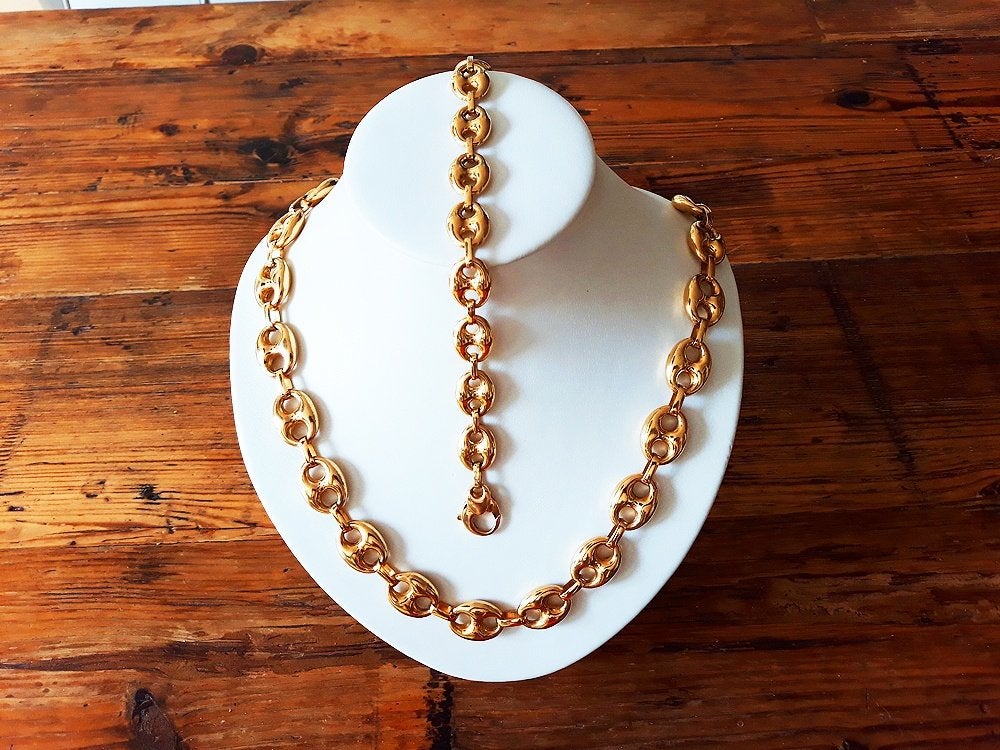 18 karaat gouden dames ketting + armband koffieboon schakel, Ophalen, Zo goed als nieuw, Goud, Goud