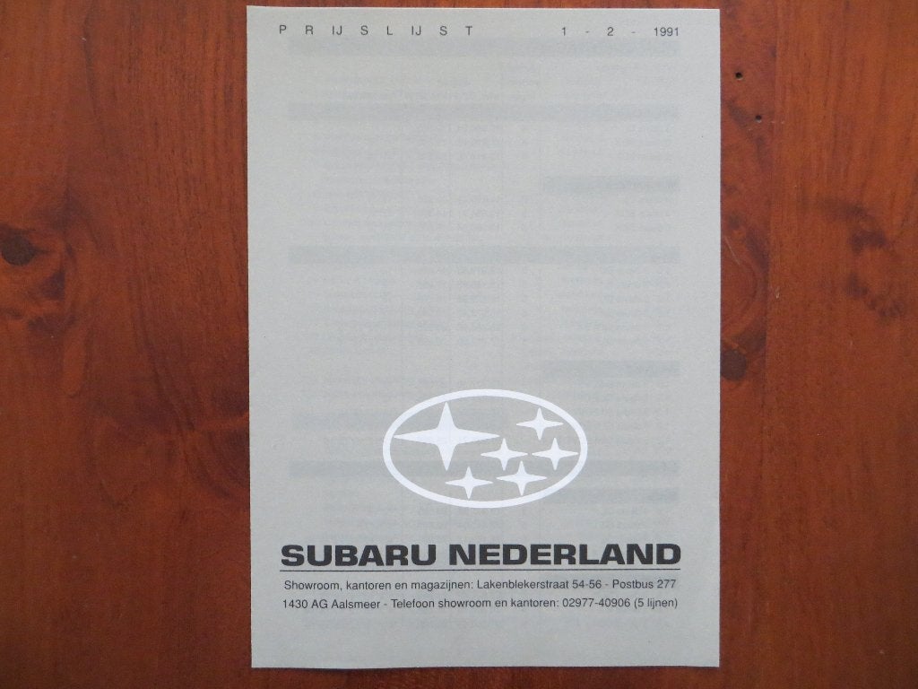 Subaru Prijslijst (1 febr. 1991) pers.w, minibussen, bedr.w., Ophalen of Verzenden, Nieuw, Overige merken