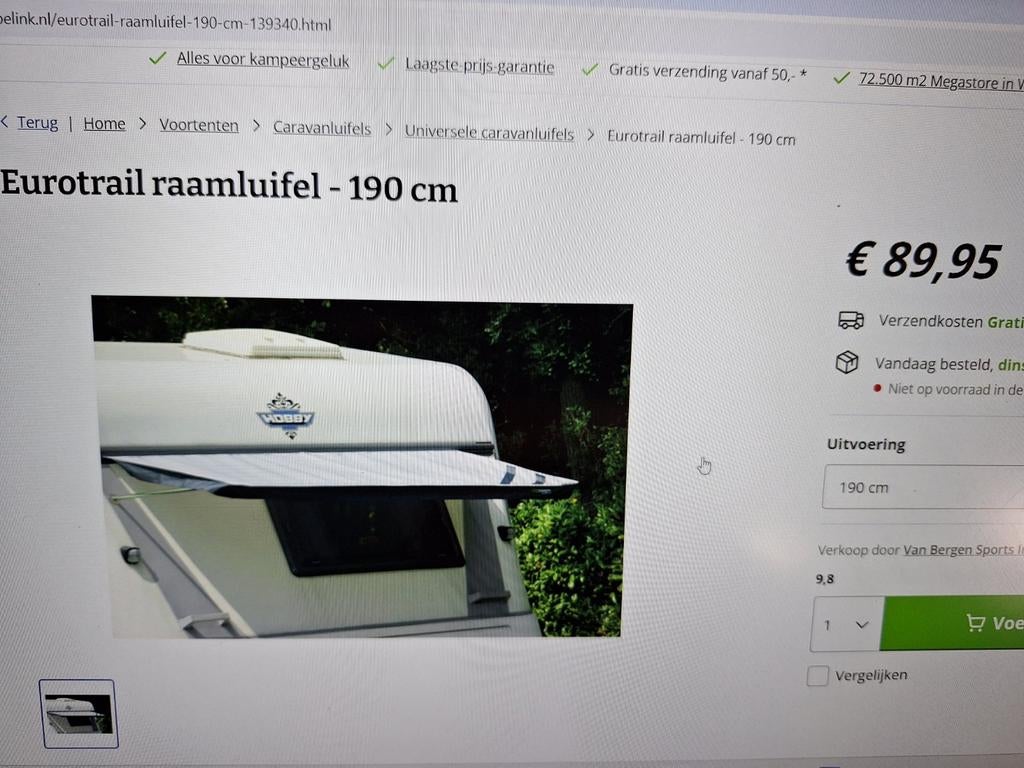 Euro Trail raamluifel 190 x 90 cm, Ophalen, Zo goed als nieuw