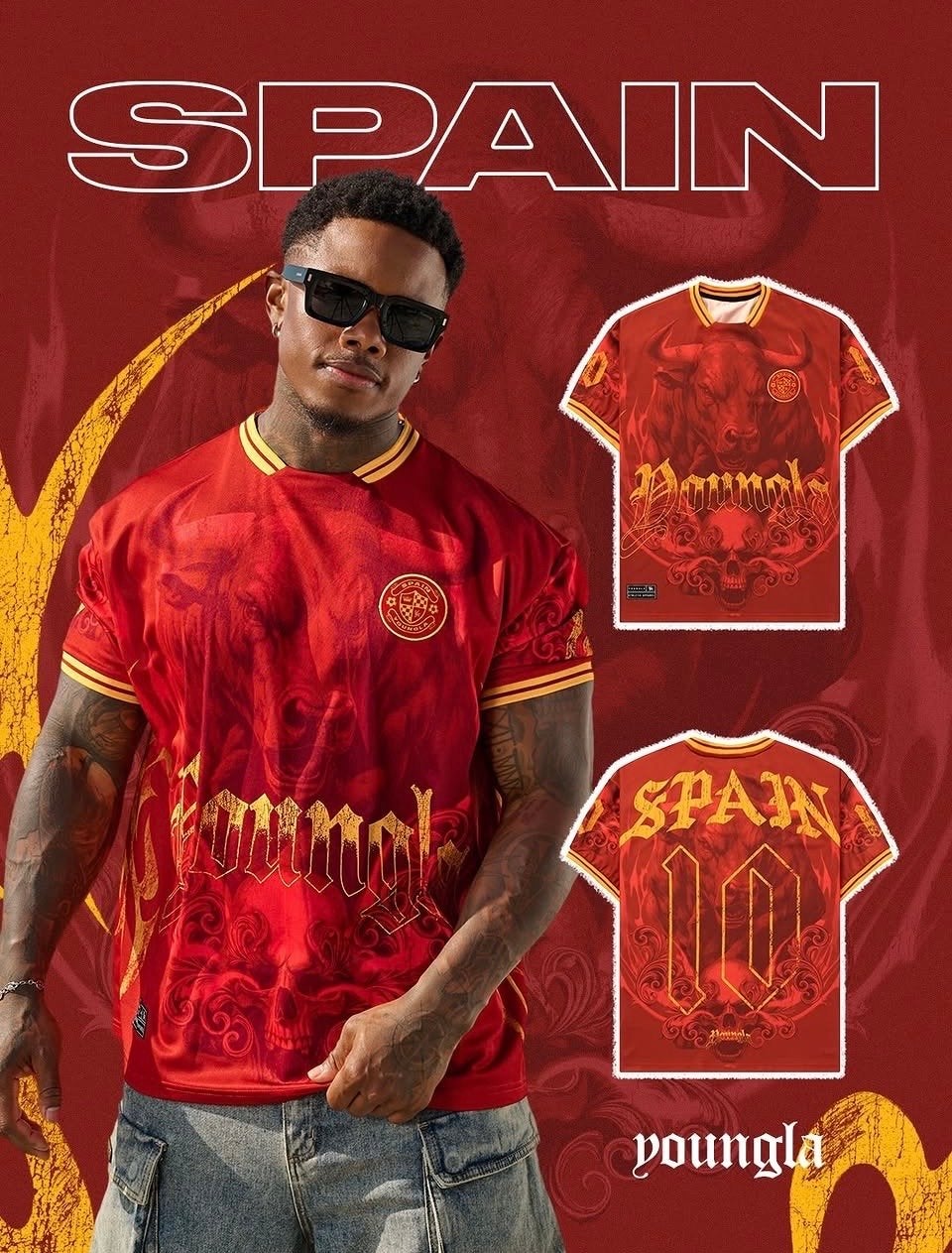 Youngla Spanje Voetbalshirt - Rood met Gouden Details, Ophalen of Verzenden, Zo goed als nieuw, Maat 56/58 (XL), Rood