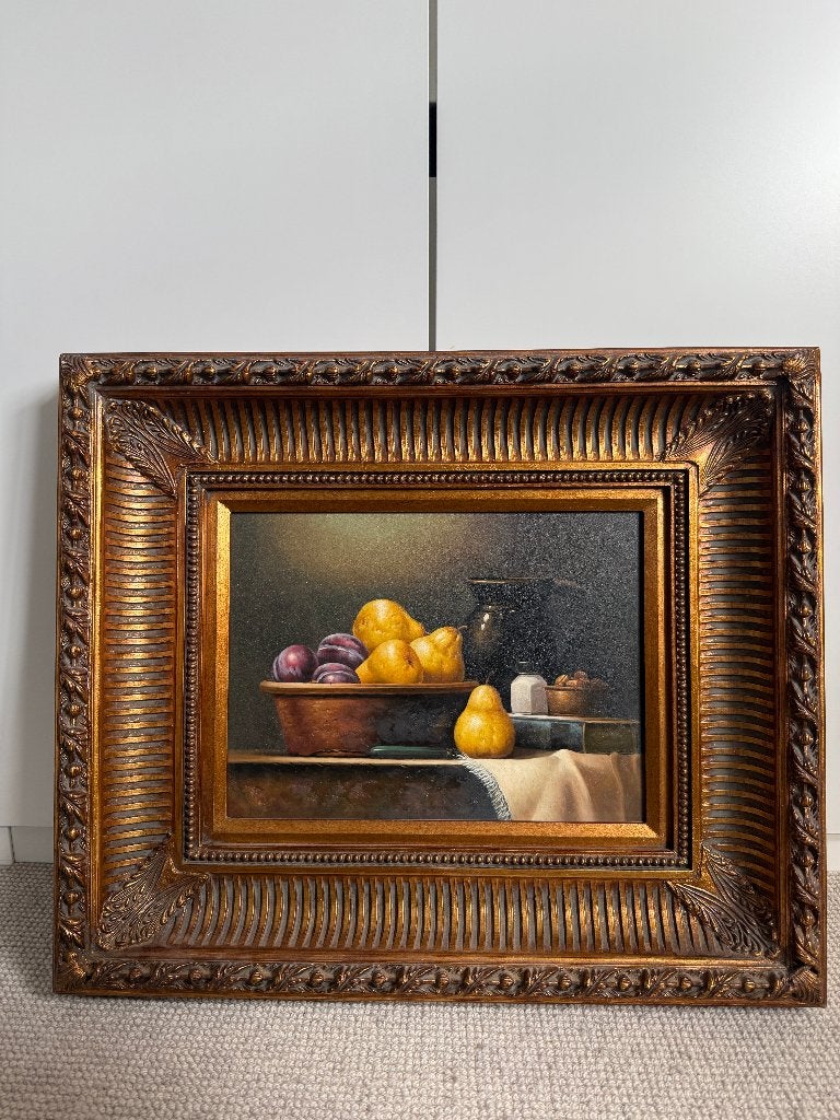 Schilderij (olieverf) 20e eeuw stilleven fruit, Bijzondere lijst, Stilleven, Ophalen of Verzenden, Klassiek