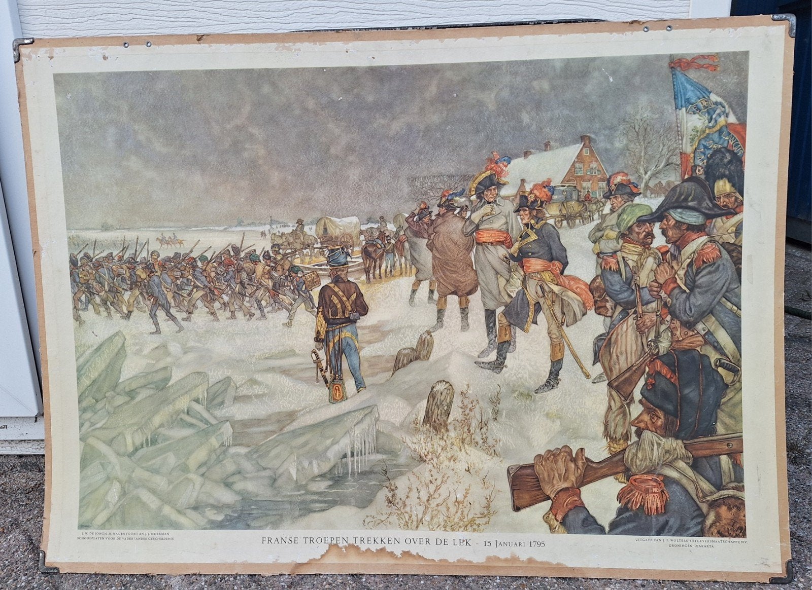 schoolplaat Franse troepen trekken over de Lek., Antiek en Kunst, Antiek | Schoolplaten, Ophalen of Verzenden, Geschiedenis