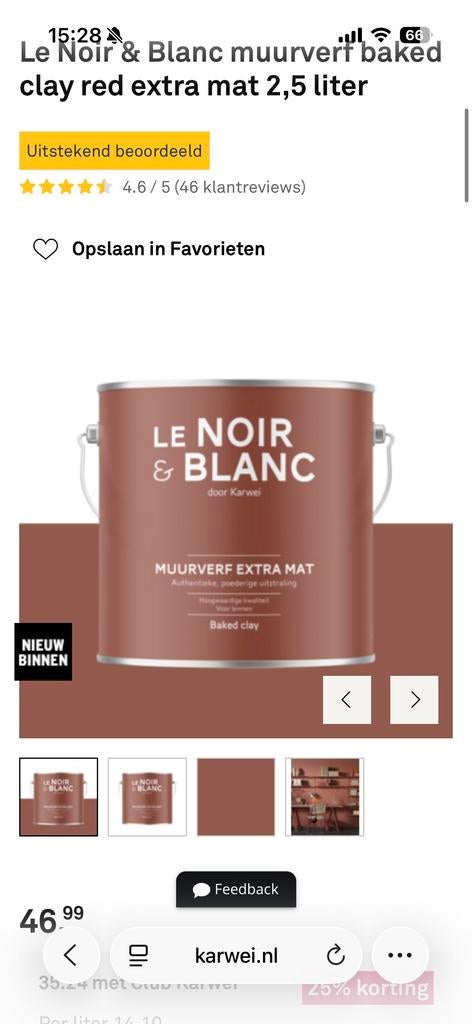 2x 2,5 liter Le Noir & Blanc muurverf Baked Red Clay, Doe-het-zelf en Verbouw, Overige kleuren, 5 tot 10 liter, Nieuw, Ophalen of Verzenden