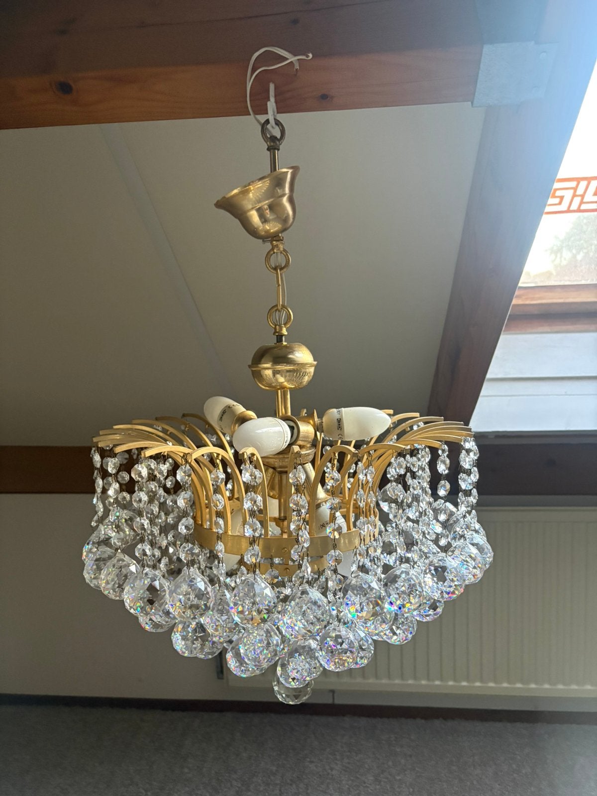 Vintage kroonluchters kristal gouden kristallen Hanglapen, Ophalen, Gebruikt, Metaal