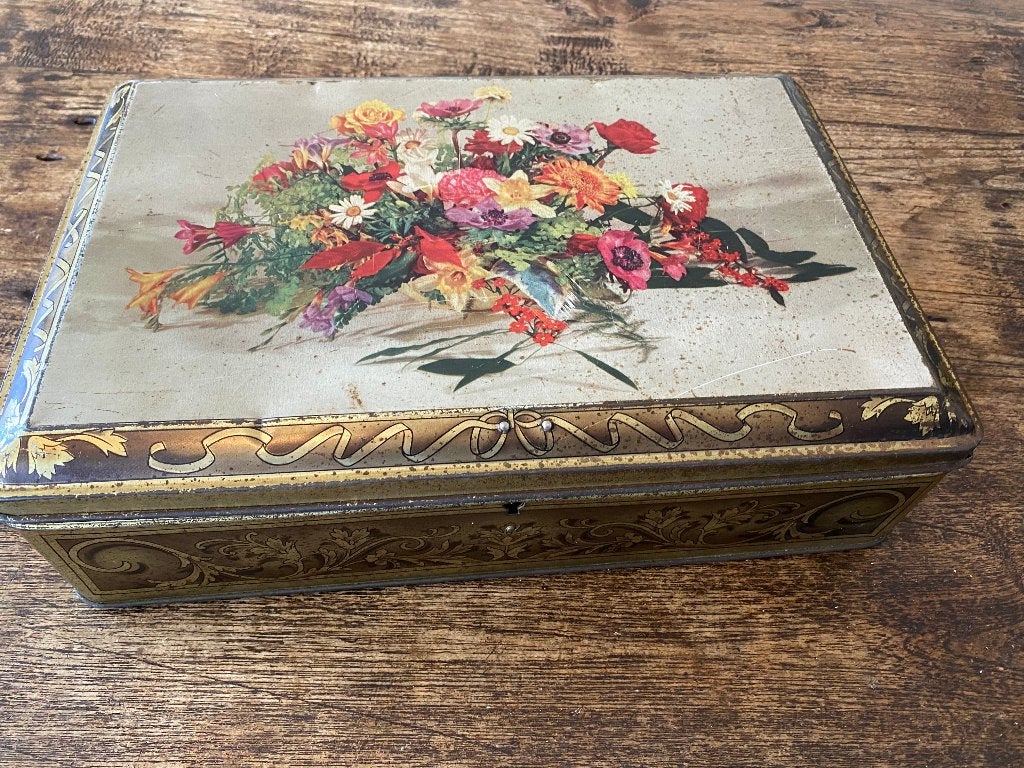 Brocante, vintage blik met bloemmotief Van Melle, Antiek en Kunst, Ophalen of Verzenden