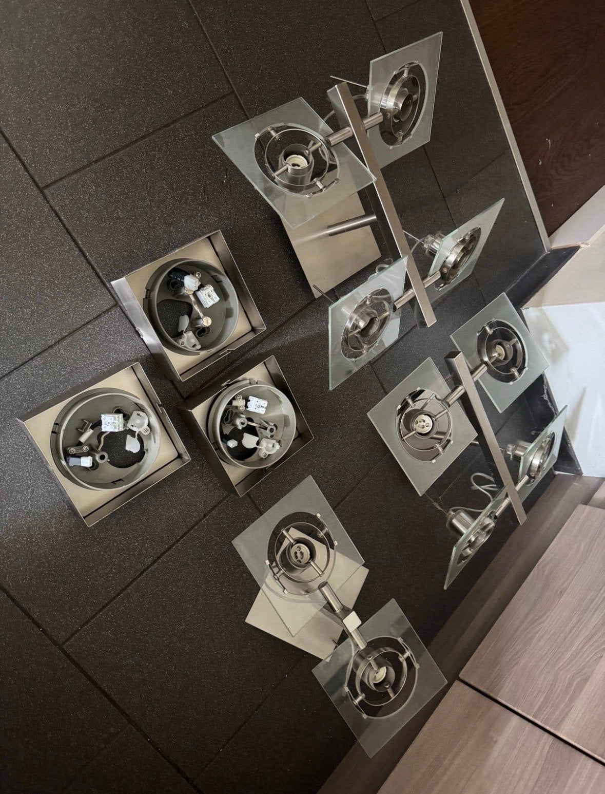 Set van 3 moderne plafondlampen met glazen platen, Ophalen, Zilver, Gebruikt, Verstelbaar