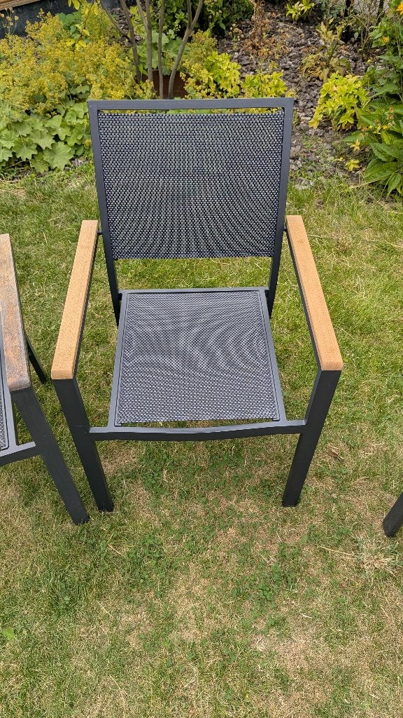 Tuinstoelen aluminium met houten armrest, Ophalen, Zo goed als nieuw, Aluminium, Stapelbaar