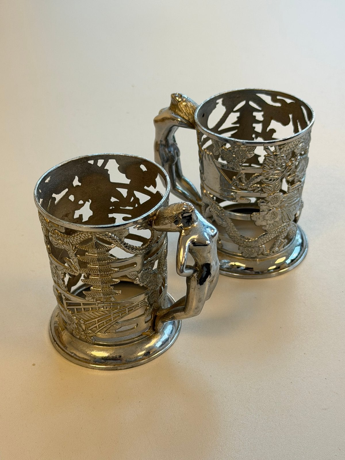 2x Vintage Japanse Verzilverde Bekerhouders Draken art-deco, Ophalen of Verzenden