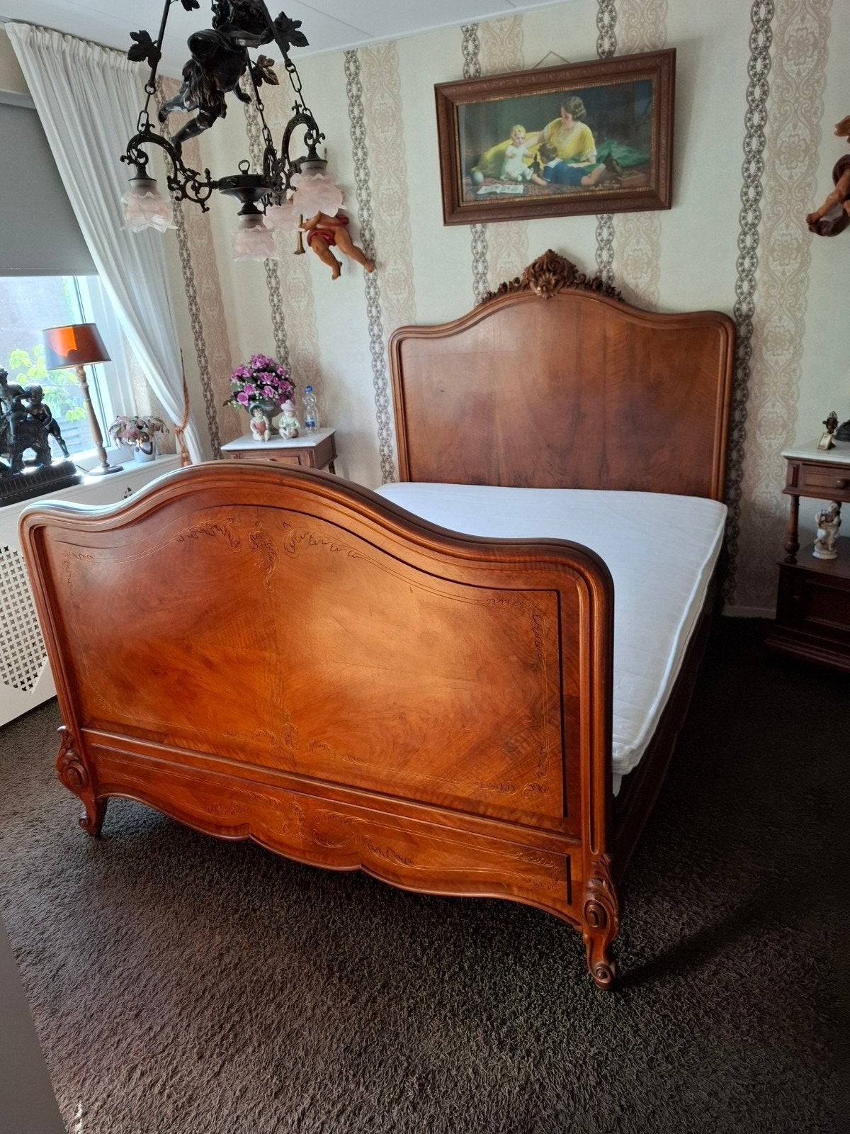 Antiek Frans mahoniehouten bed met prachtig houtsnijwerk, Ophalen of Verzenden