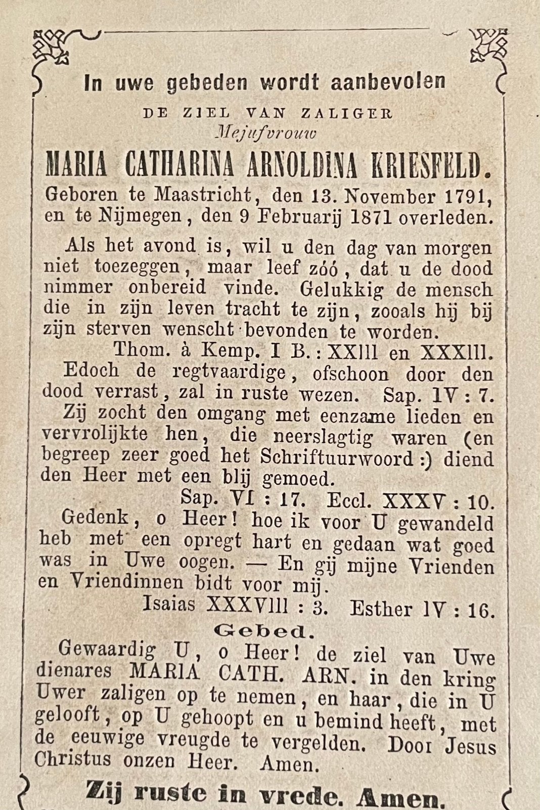 Maria Catharina Arnolda Kriesfeld 1791 Maastricht, Ophalen of Verzenden