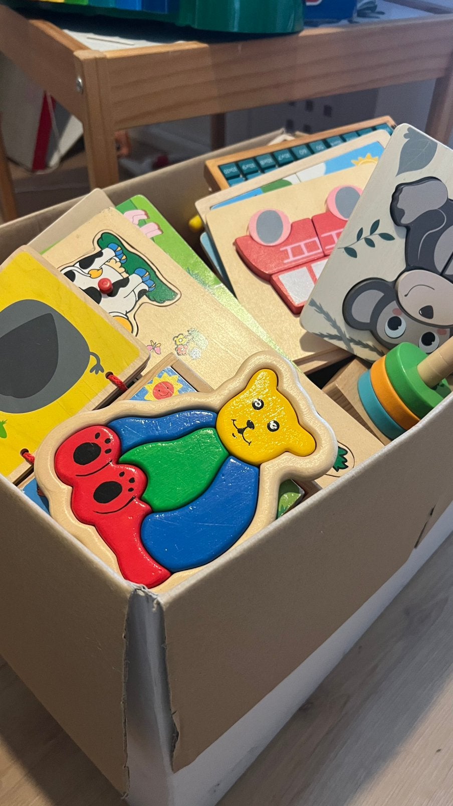 Grote doos vol Houten speelgoed, Ophalen, Gebruikt